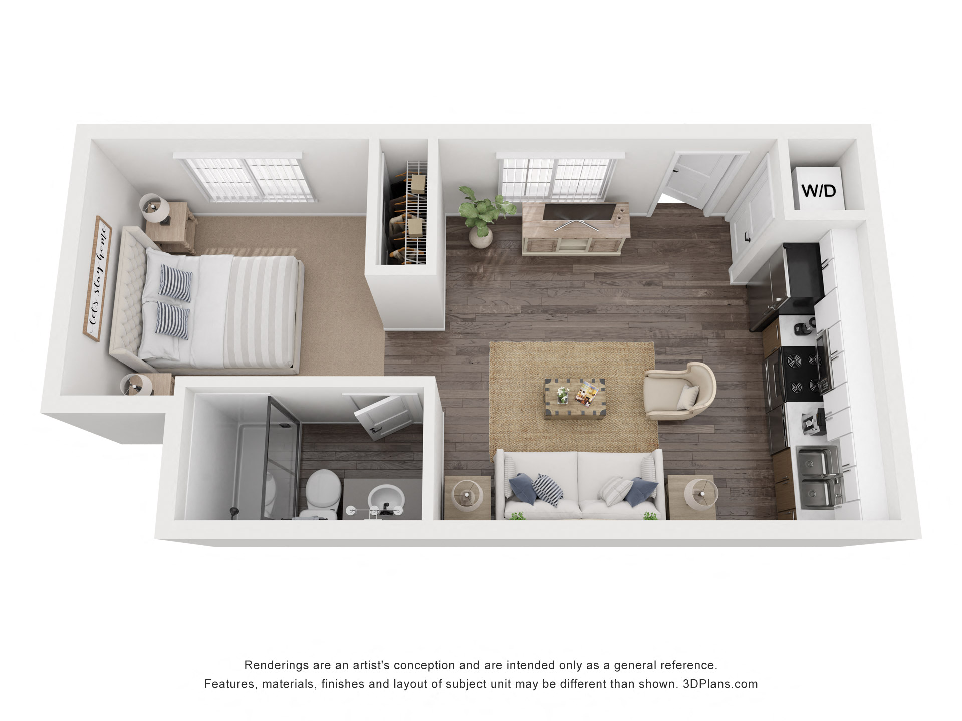 Floor plan for 1 bed, 1 bath, 574 sqft
